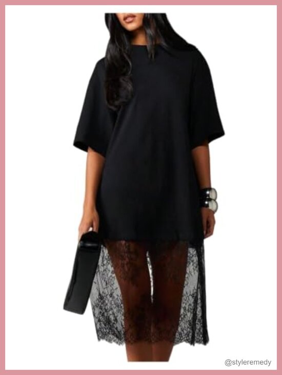 Dresses & Skirts - Oversized Lace Tshirt Midi Dress Half Sleeve Drop Shoulder Casual